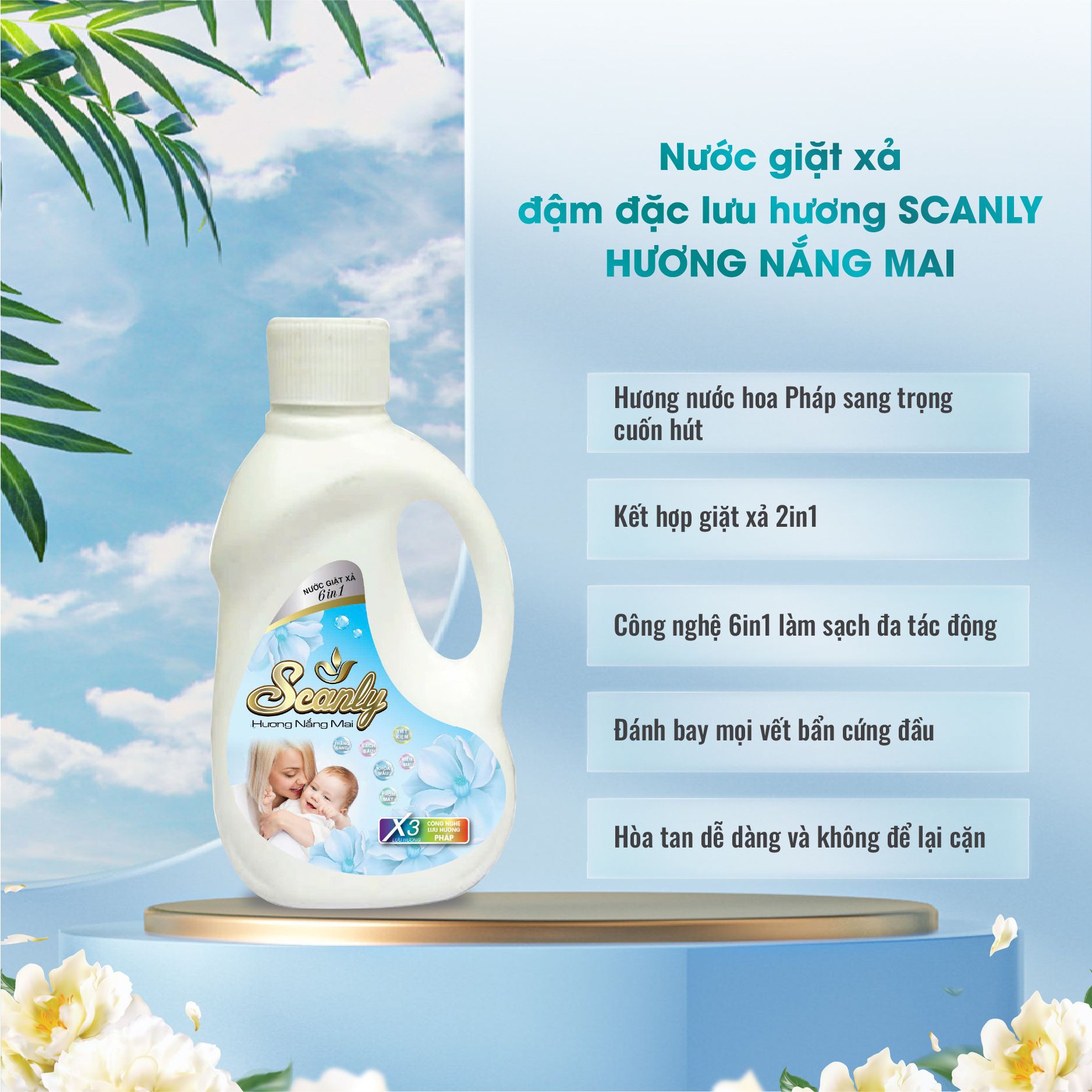 Nước Giặt xả hương nắng mai 6in1 Scanly giúp giữ màu bền bỉ, Thơm ngát cả ngày dài