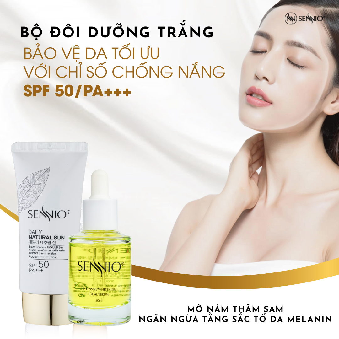 Bộ 2 sản phẩm dưỡng trắng da bảo vệ da mờ thâm nám, tàn nhang, ngăn tăng sắc tố melanin ngày Sennio Set 2 SNO 660-22