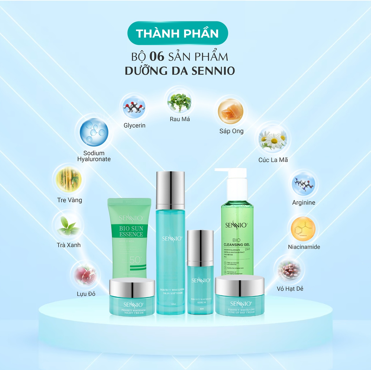 Bộ 06 sản phẩm tái sinh, phục hồi da căng bóng Sennio - SENNIO SNO 833