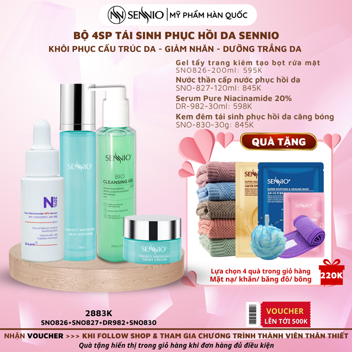 Bộ 4 sản phẩm tái sinh phục hồi da căng bóng sennio khôi phục cấu trúc da - giảm nhăn - tăng sinh collagen ban đêm Sennio