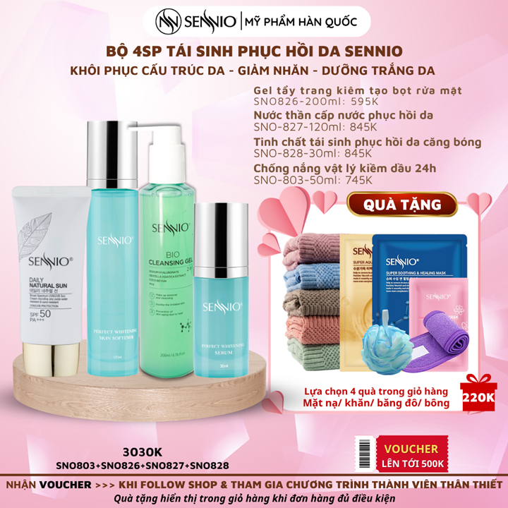 Bộ 4 sản phẩm tái sinh phục hồi da căng bóng sennio khôi phục cấu trúc da - giảm nhăn - tăng sinh collagen ban ngày Sennio
