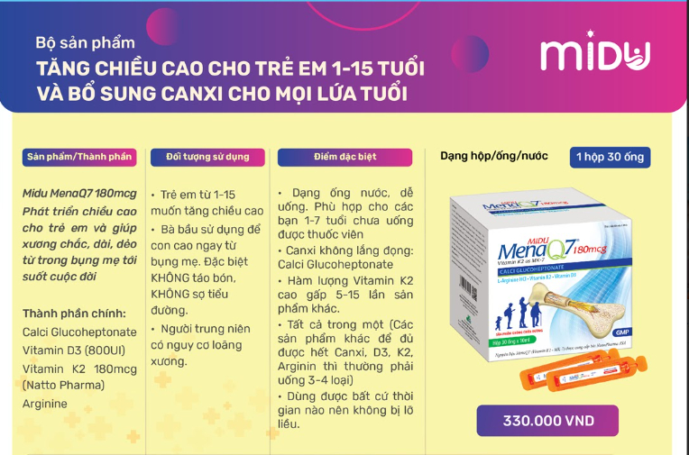 Midu MenaQ7 180mcg - Phát triển chiều cao và chuyển hóa canxi hiệu quả mọi lứa tuổi
