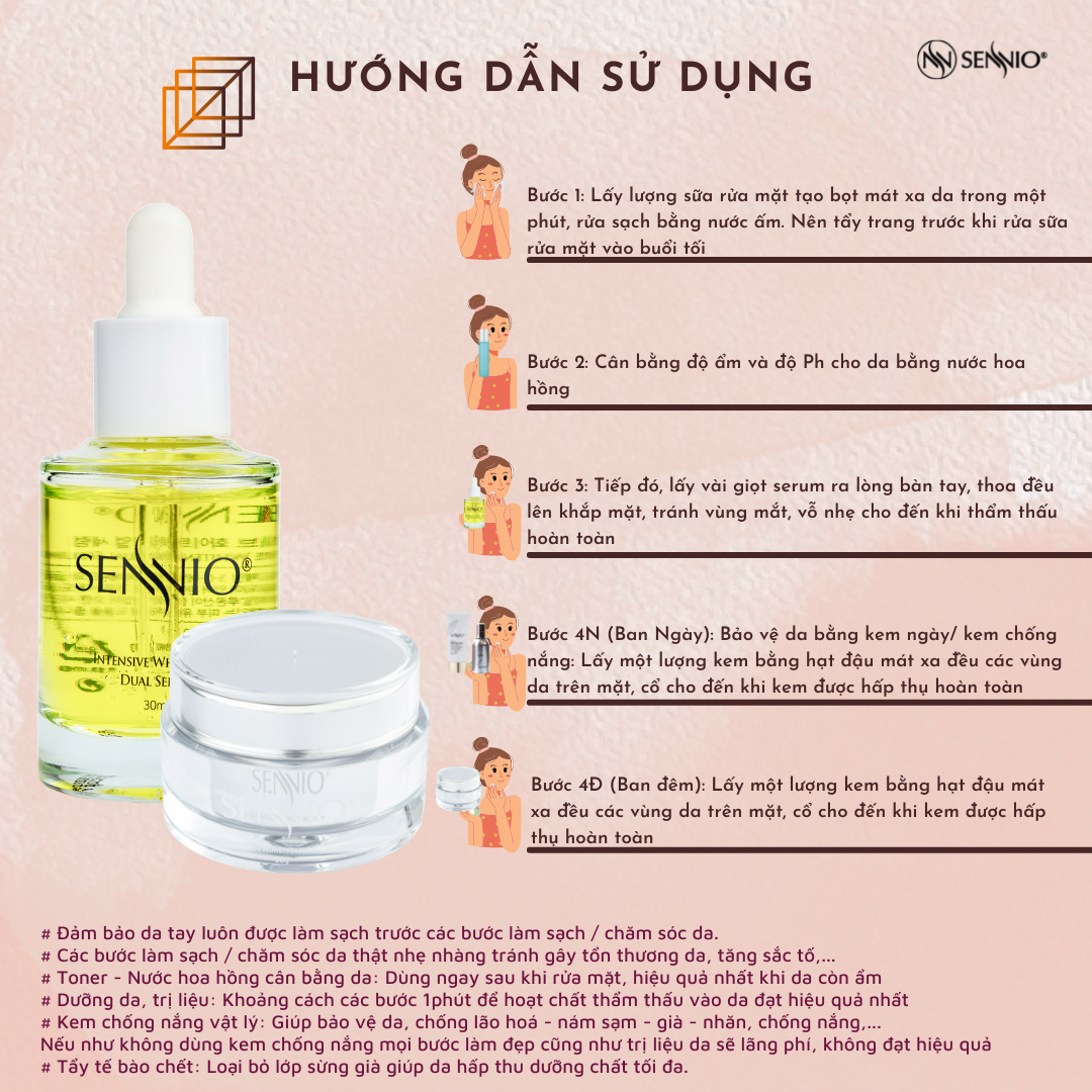 Bộ 2 sản phẩm dưỡng trắng da mờ thâm nám, tàn nhang, chống lão hoá ban đêm Sennio  Set 2 SNO 660-24