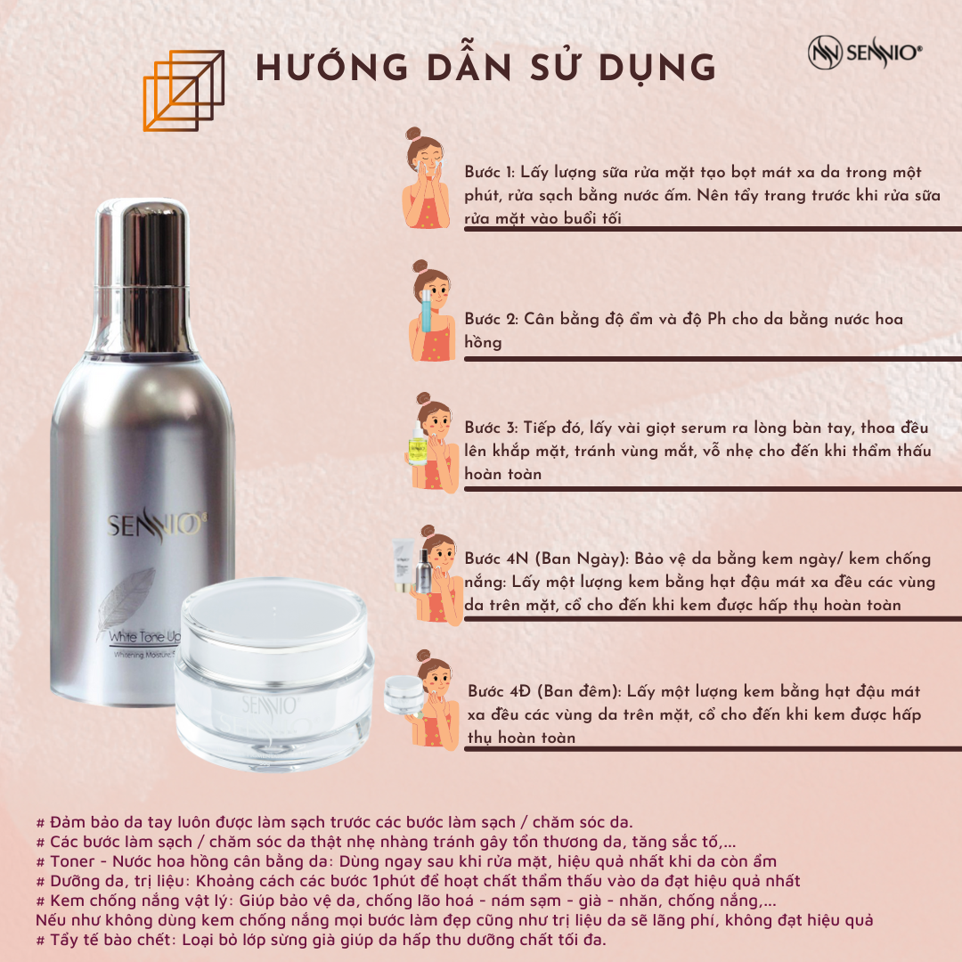 Bộ 2 sản phẩm kem dưỡng trắng da mờ thâm nám, tàn nhang, ngăn tăng sắc tố melanin ngày đêm Sennio Set 2 SNO 660-23