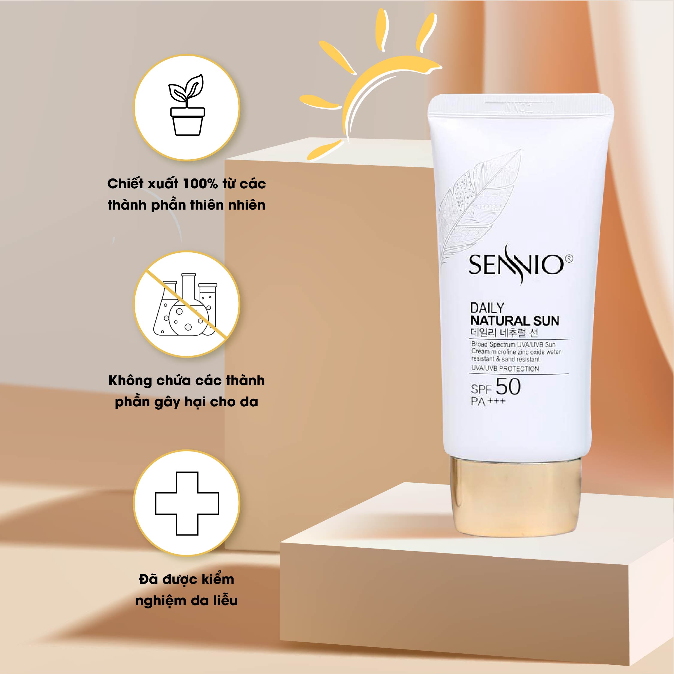 Kem chống nắng trắng da Sennio Daily Natural Cream SPF 50 PA+++ kiềm dầu phù hợp cho da dầu mụn 50ml SNO 803