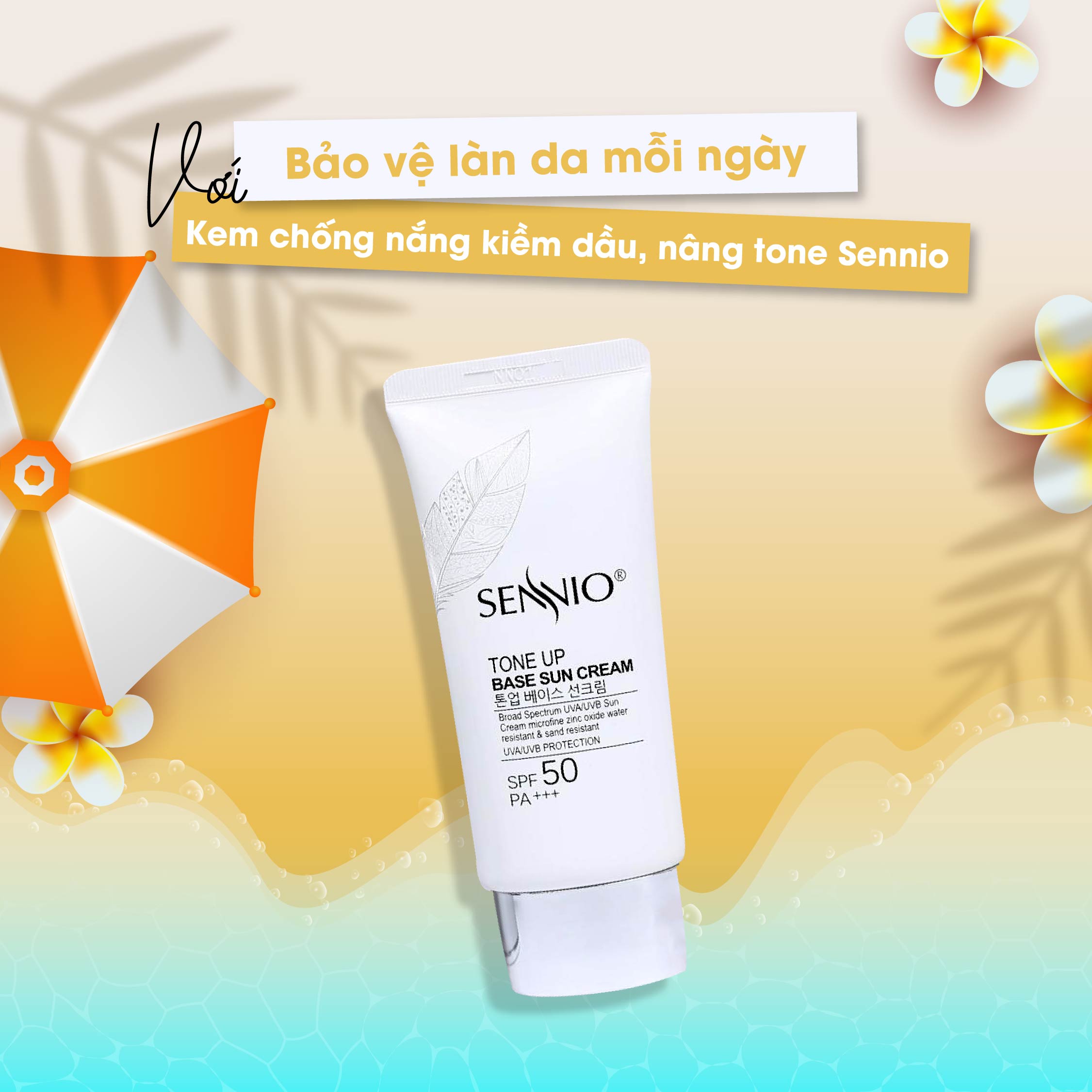 Kem chống nắng kiềm dầu Sennio Tone Up Base Sun Cream SPF50 PA+++ dưỡng trắng cho da dầu mụn  50ml SNO 802