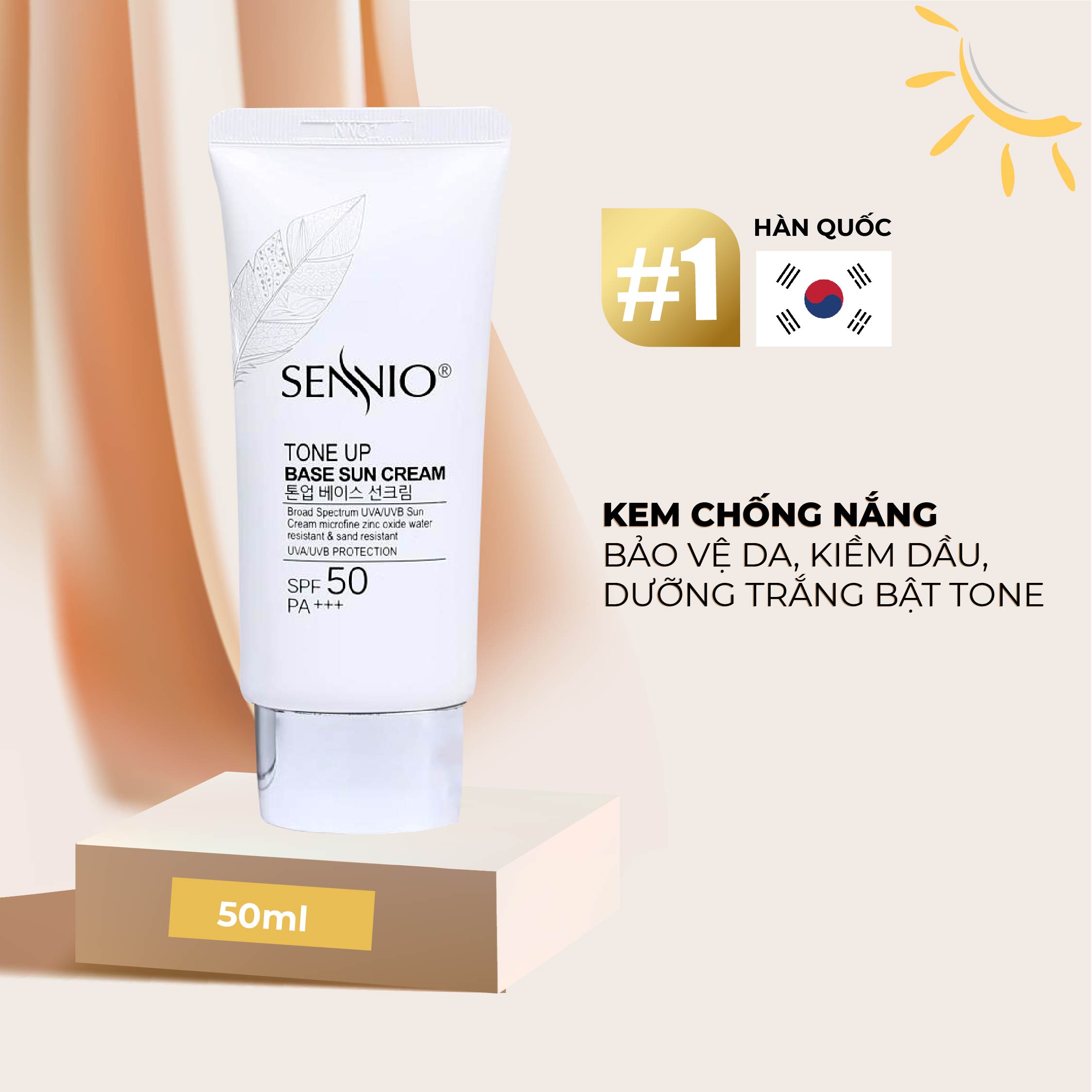 Kem chống nắng kiềm dầu Sennio Tone Up Base Sun Cream SPF50 PA+++ dưỡng trắng cho da dầu mụn  50ml SNO 802