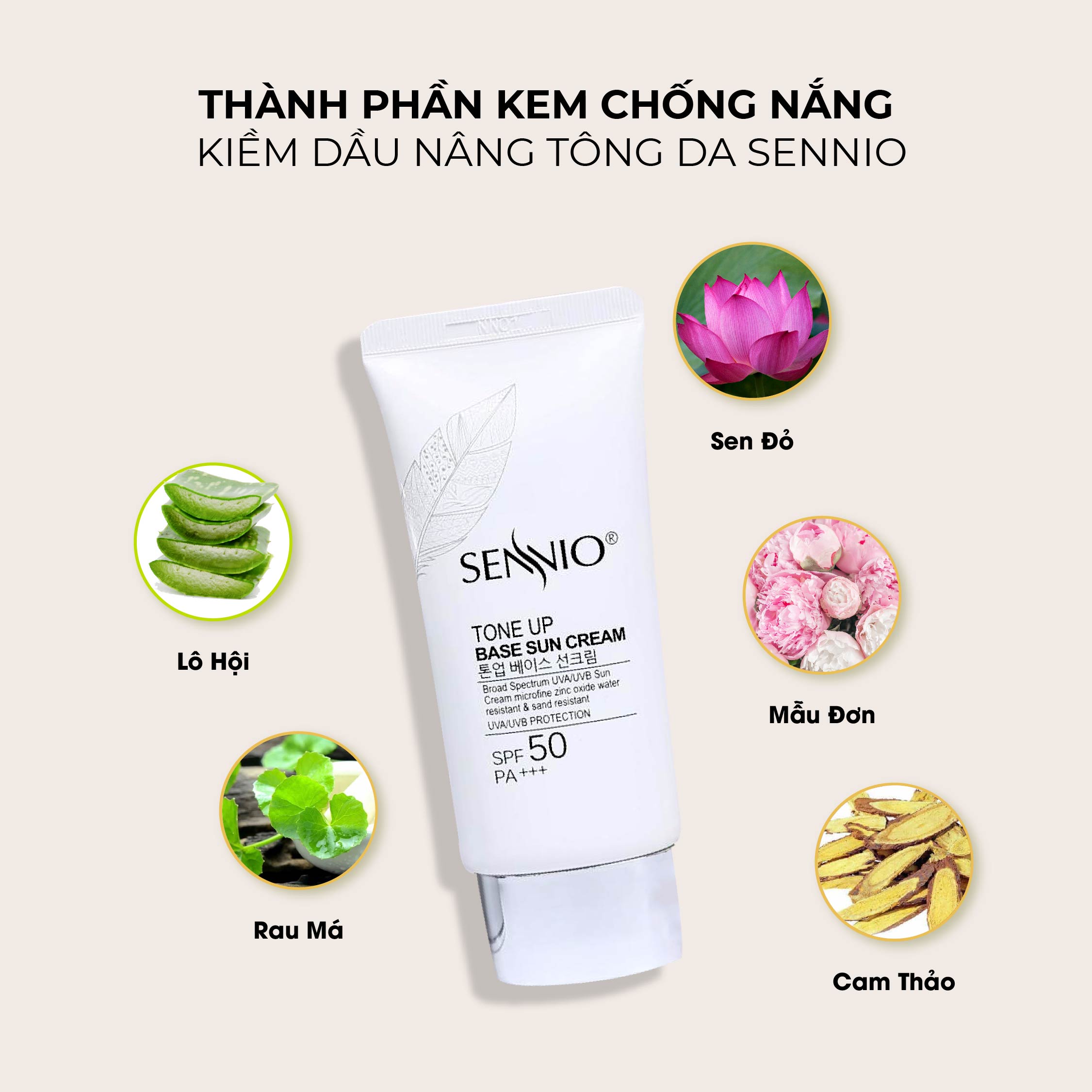 Kem chống nắng kiềm dầu Sennio Tone Up Base Sun Cream SPF50 PA+++ dưỡng trắng cho da dầu mụn  50ml SNO 802