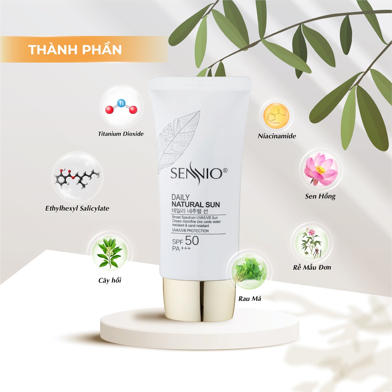 Kem chống nắng trắng da Sennio Daily Natural Cream SPF 50 PA+++ kiềm dầu phù hợp cho da dầu mụn 50ml SNO 803