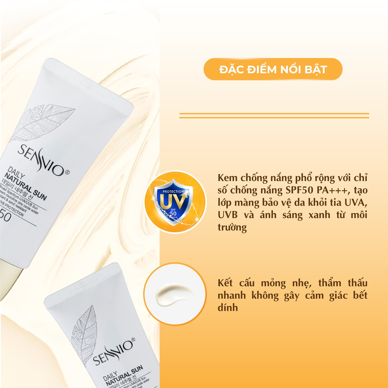Kem chống nắng trắng da Sennio Daily Natural Cream SPF 50 PA+++ kiềm dầu phù hợp cho da dầu mụn 50ml SNO 803