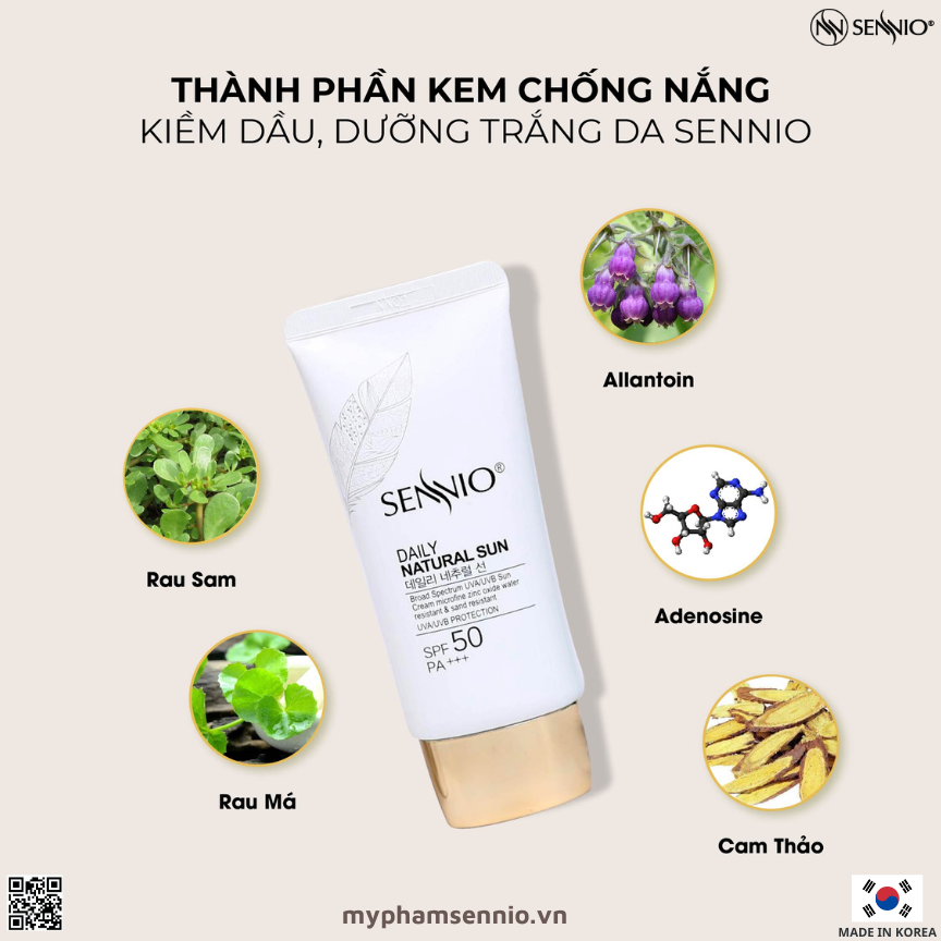 Kem chống nắng trắng da Sennio Daily Natural Cream SPF 50 PA+++ kiềm dầu phù hợp cho da dầu mụn 50ml SNO 803