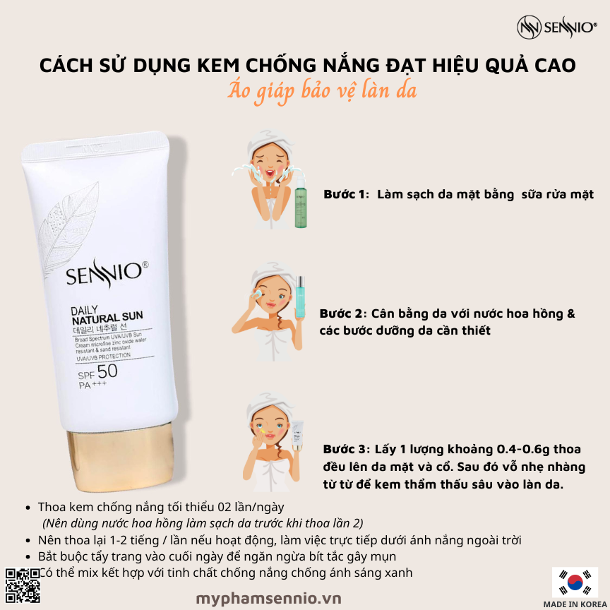 Kem chống nắng trắng da Sennio Daily Natural Cream SPF 50 PA+++ kiềm dầu phù hợp cho da dầu mụn 50ml SNO 803