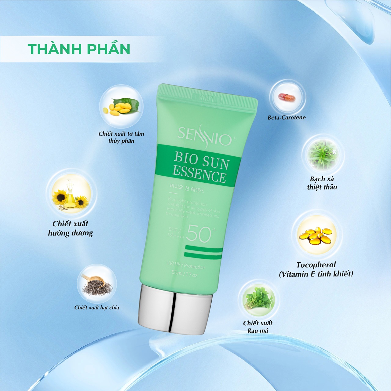 Tinh chất chống nắng, chống ánh sáng xanh dưỡng trắng da căng bóng, ngừa thâm mụn sạm nám SPF50++++ Sennio Bio Sun Essence SNO 825