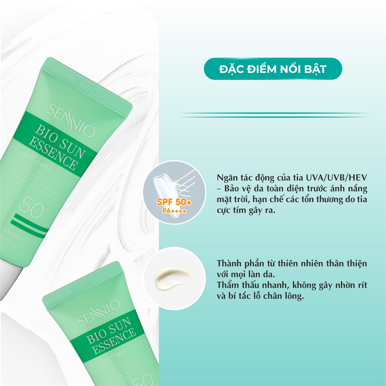 Tinh chất chống nắng, chống ánh sáng xanh dưỡng trắng da căng bóng, ngừa thâm mụn sạm nám SPF50++++ Sennio Bio Sun Essence SNO 825