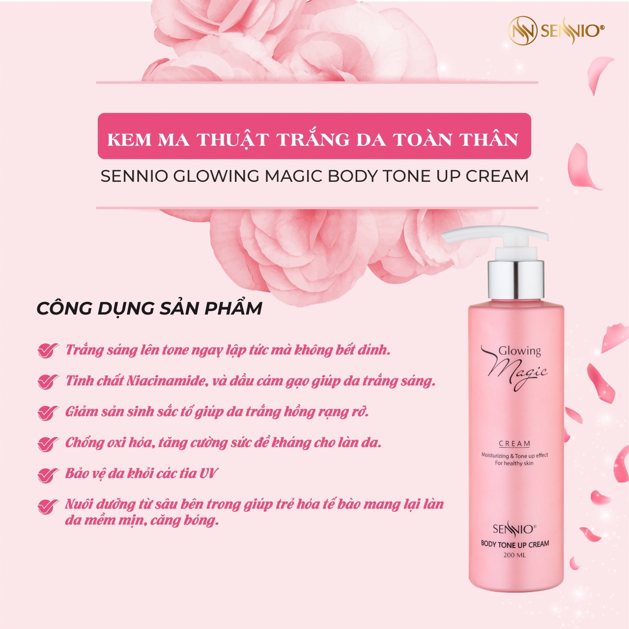 Kem body Sennio Glowing Magic Body Tone Up Cream dưỡng trắng da toàn thân 1000ml SNO 505