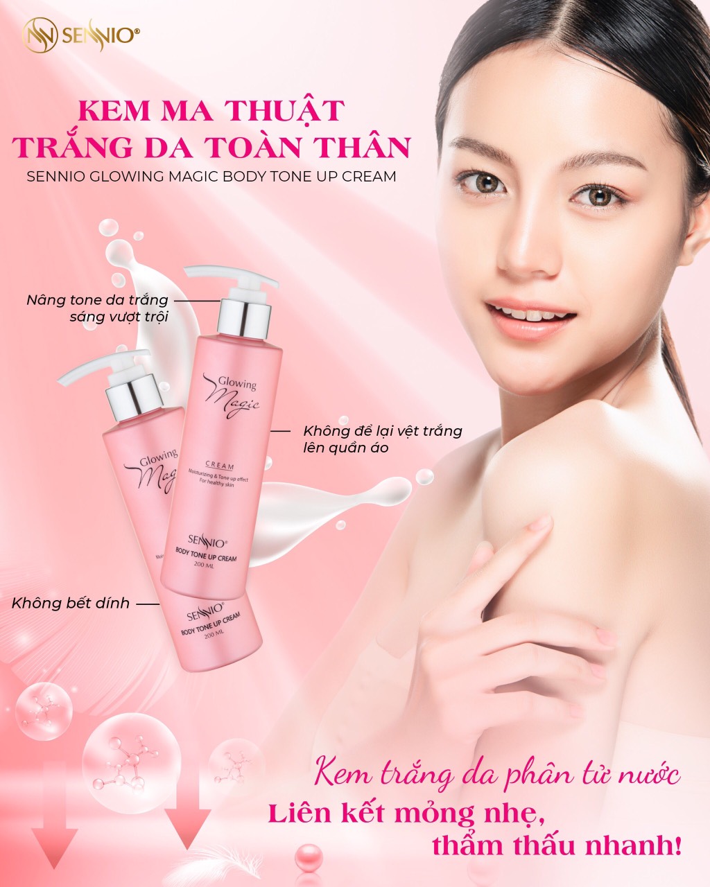 Kem body Sennio Glowing Magic Body Tone Up Cream dưỡng trắng da toàn thân 200ml SNO 502