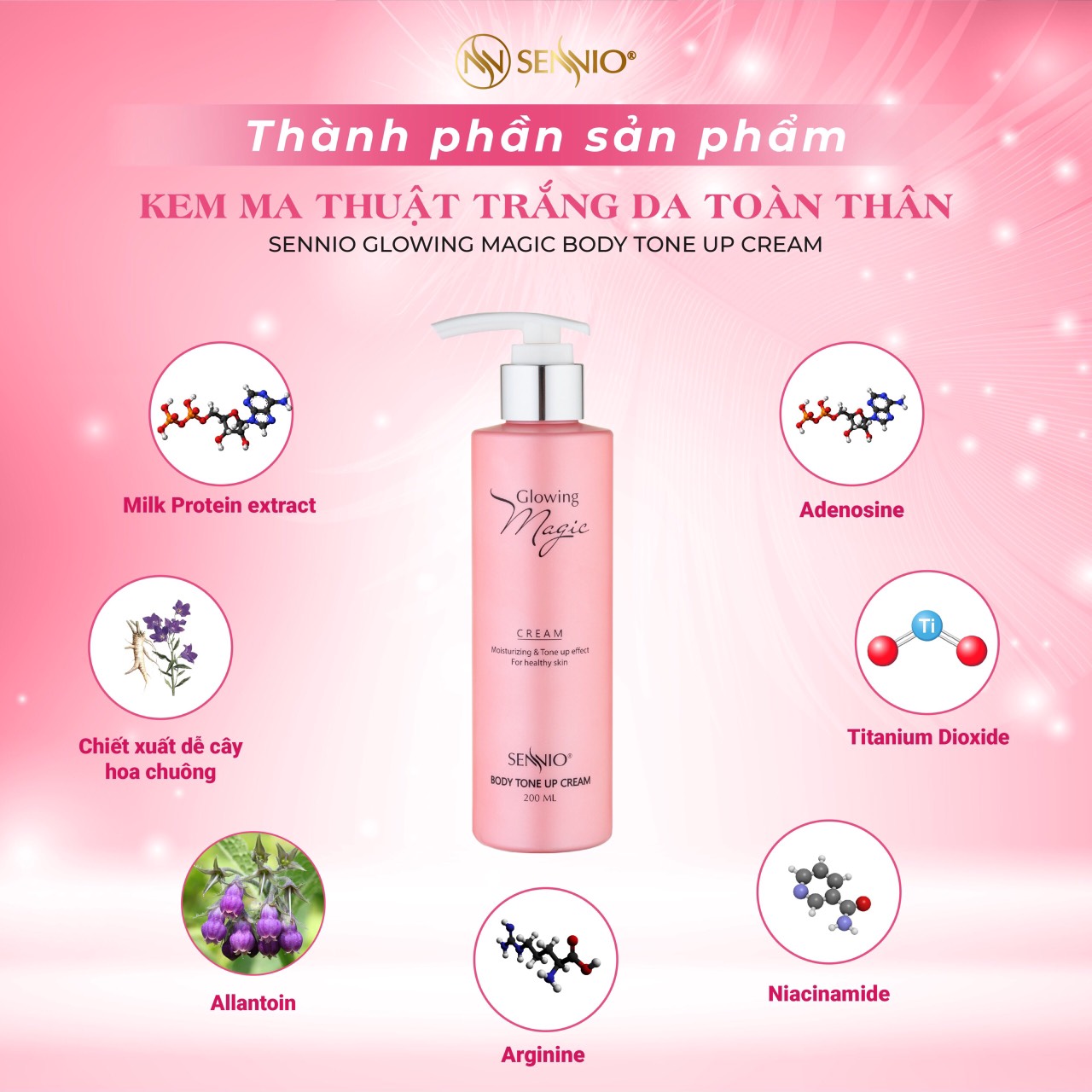 Kem body Sennio Glowing Magic Body Tone Up Cream dưỡng trắng da toàn thân 1000ml SNO 505