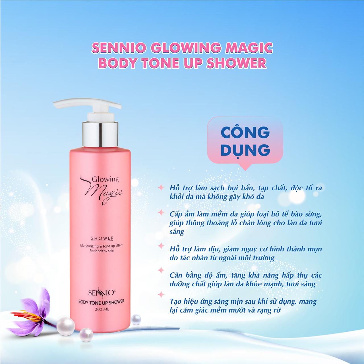 Serum dưỡng trắng da toàn thân Sennio Glowing Magic Shower sữa dưỡng thể body ma thuật 200ml SNO501