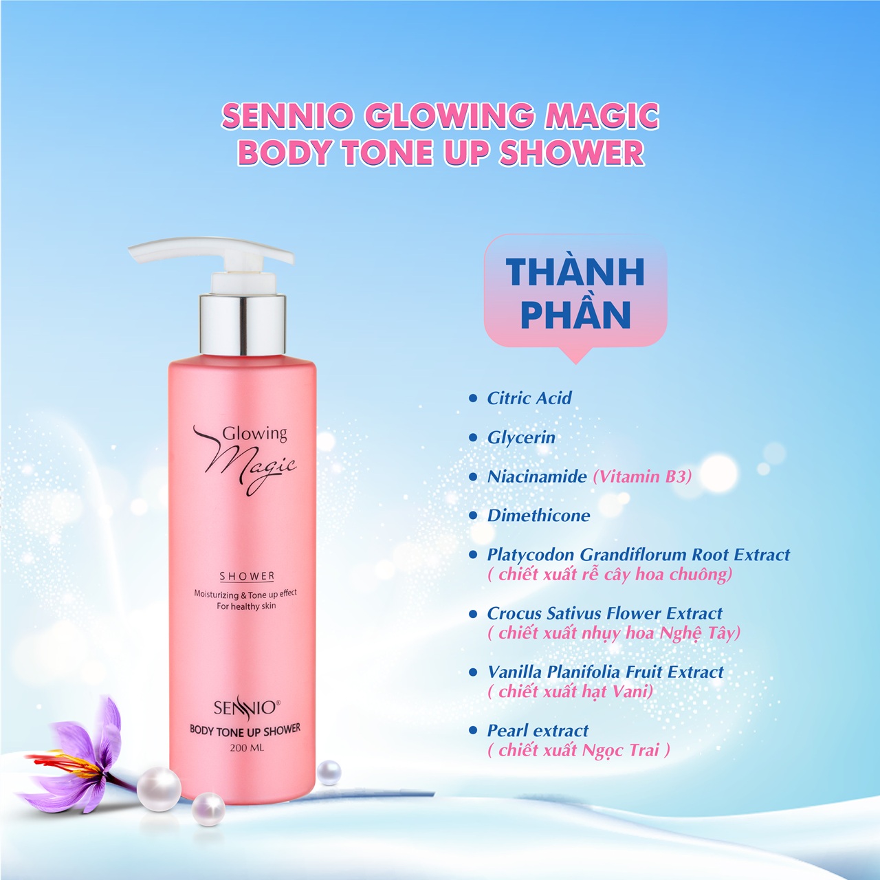 Serum dưỡng trắng da toàn thân Sennio Glowing Magic Shower sữa dưỡng thể body ma thuật 200ml SNO501