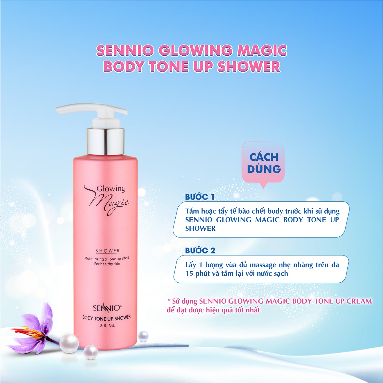 Serum dưỡng trắng da toàn thân Sennio Glowing Magic Shower sữa dưỡng thể body ma thuật 200ml SNO501