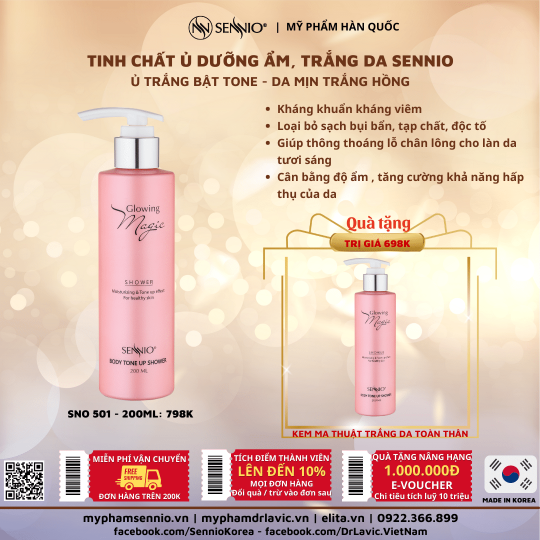 Serum dưỡng trắng da toàn thân Sennio Glowing Magic Shower sữa dưỡng thể body ma thuật 200ml SNO501