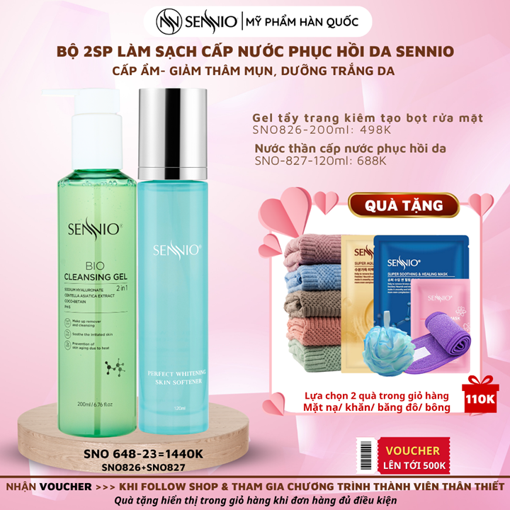 Bộ đôi sản phẩm chăm sóc da làm sạch sâu bảo vệ hàng rào da, cân bằng pH cho da ngăn ngừa mụn Sennio Dành cho da khô, nhạy cảm, da dầu SNO 648-23
