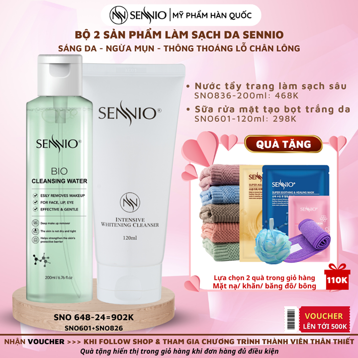 Bộ đôi sản phẩm chăm sóc da làm sạch sâu bảo vệ hàng rào da, cân bằng pH cho da ngăn ngừa mụn Sennio Dành cho da khô, nhạy cảm, da dầu SNO 648-24