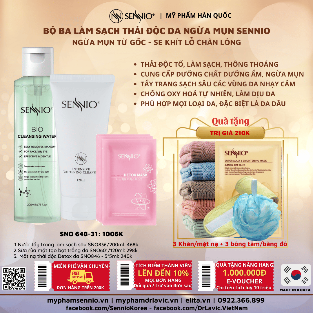 Bộ ba sản phẩm chăm sóc da làm sạch sâu bảo vệ hàng rào da, cân bằng pH cho da ngăn ngừa mụn Sennio Dành cho da khô, nhạy cảm, da dầu SNO 648-31