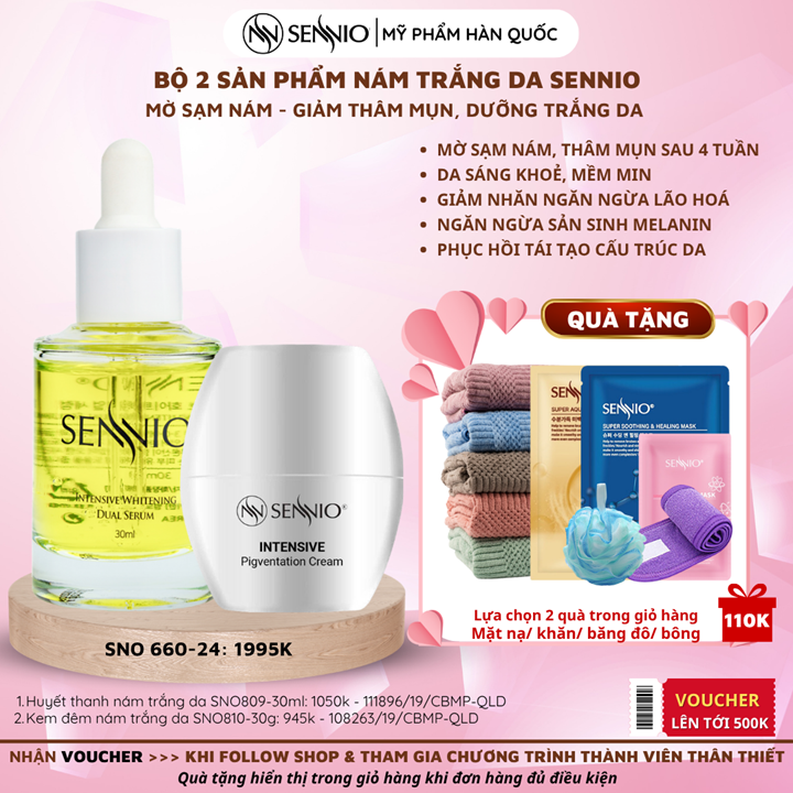 Bộ 2 sản phẩm dưỡng trắng da mờ thâm nám, tàn nhang, chống lão hoá ban đêm Sennio  Set 2 SNO 660-24