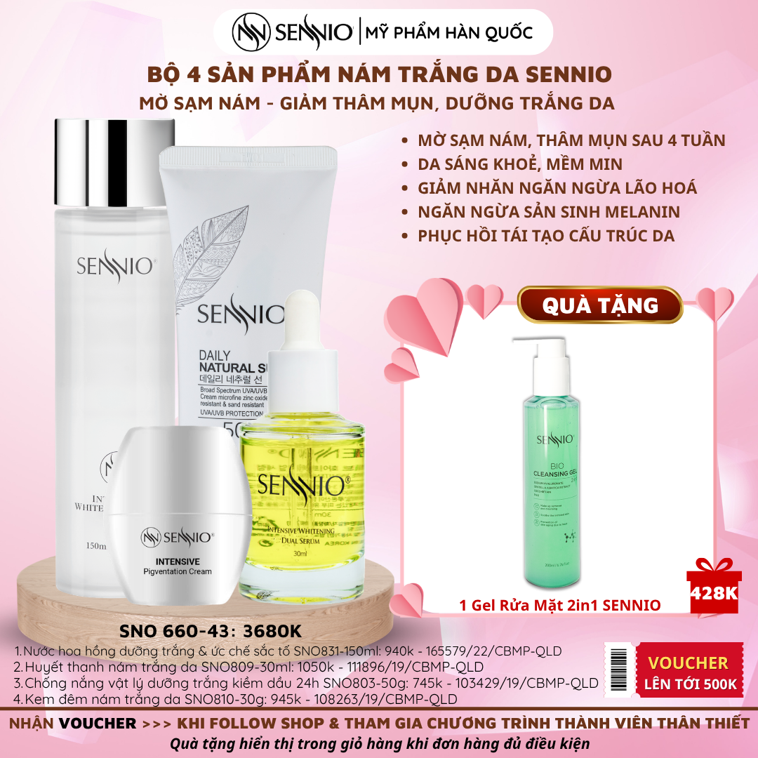 Bộ 4 sản phẩm nám trắng da sennio mờ sạm nám - giảm thâm mụn, dưỡng trắng da  - Intensive Pigmenttation Treatment Set 4  - SENNIO SNO 660-43