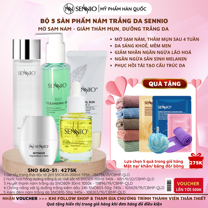Bộ 5 sản phẩm nám trắng da sennio mờ sạm nám - giảm thâm mụn, dưỡng trắng da  - Intensive Pigmenttation Treatment Set 5  - SENNIO SNO 660-51