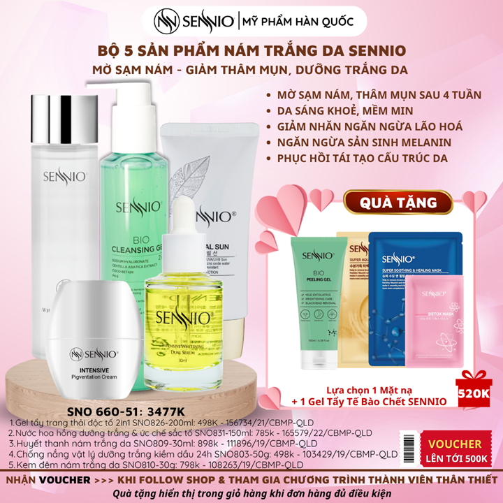 Bộ 5 sản phẩm nám trắng da sennio mờ sạm nám - giảm thâm mụn, dưỡng trắng da  - Intensive Pigmenttation Treatment Set 5  - SENNIO SNO 660-51