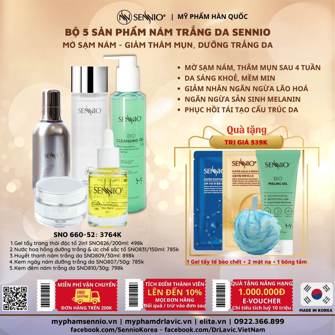 Bộ 5 sản phẩm nám trắng da sennio mờ sạm nám - giảm thâm mụn, dưỡng trắng da  - Intensive Pigmenttation Treatment Set 5  - SENNIO SNO 660-52