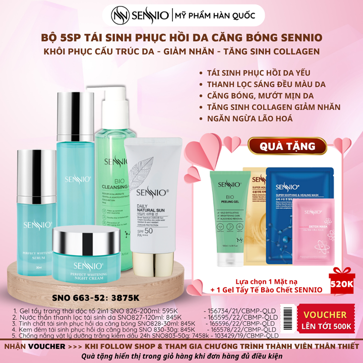 Bộ 5 sản phẩm tái sinh phục hồi da căng bóng sennio khôi phục cấu trúc da - giảm nhăn - tăng sinh collagen Sennio - SNO 663-52