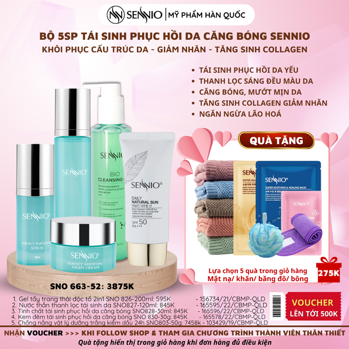 Bộ 5 sản phẩm tái sinh phục hồi da căng bóng sennio khôi phục cấu trúc da - giảm nhăn - tăng sinh collagen Sennio - SNO 663-52