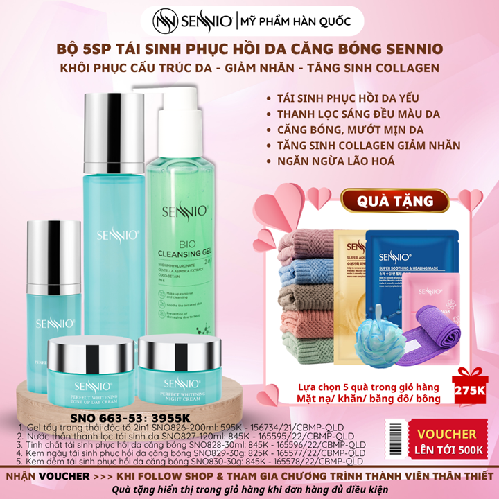 Bộ 5 sản phẩm tái sinh phục hồi da căng bóng sennio khôi phục cấu trúc da - giảm nhăn - tăng sinh collagen Sennio - SNO 663-53