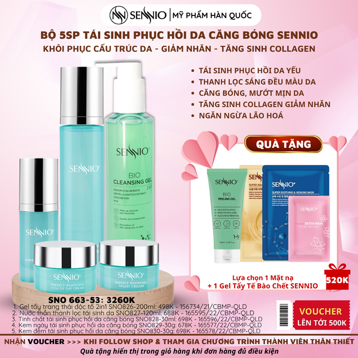 Bộ 5 sản phẩm tái sinh phục hồi da căng bóng sennio khôi phục cấu trúc da - giảm nhăn - tăng sinh collagen Sennio - SNO 663-53