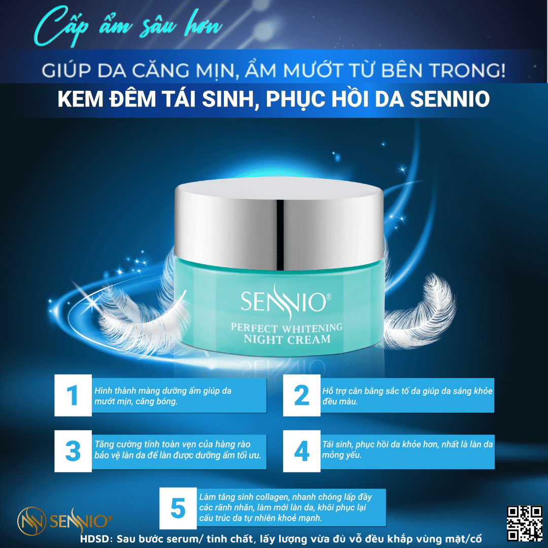 Bộ 4 sản phẩm tái sinh phục hồi da căng bóng sennio khôi phục cấu trúc da - giảm nhăn - tăng sinh collagen ban đêm Sennio