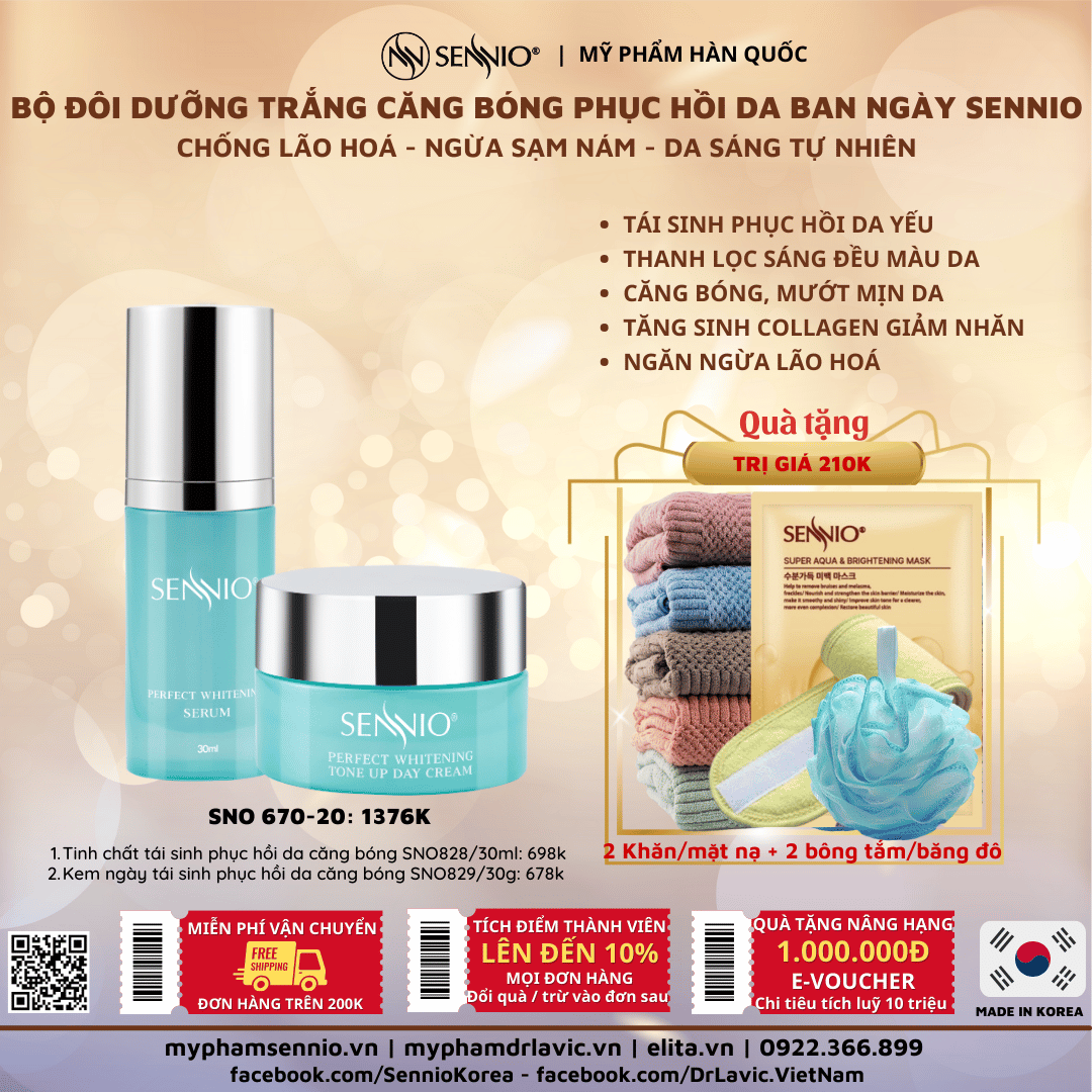 Bộ đôi sản phẩm cấp ẩm căng bóng phục hồi tái tạo dưỡng trắng da ban ngày  Sennio SNO 670-20