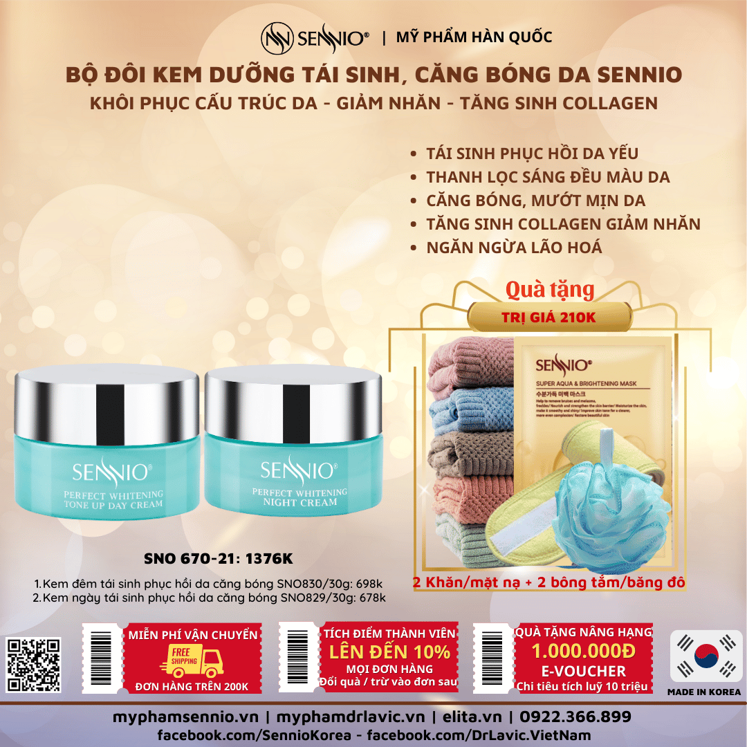 Bộ đôi sản phẩm cấp ẩm căng bóng phục hồi tái tạo dưỡng trắng da ban đêm  Sennio SNO 670-21