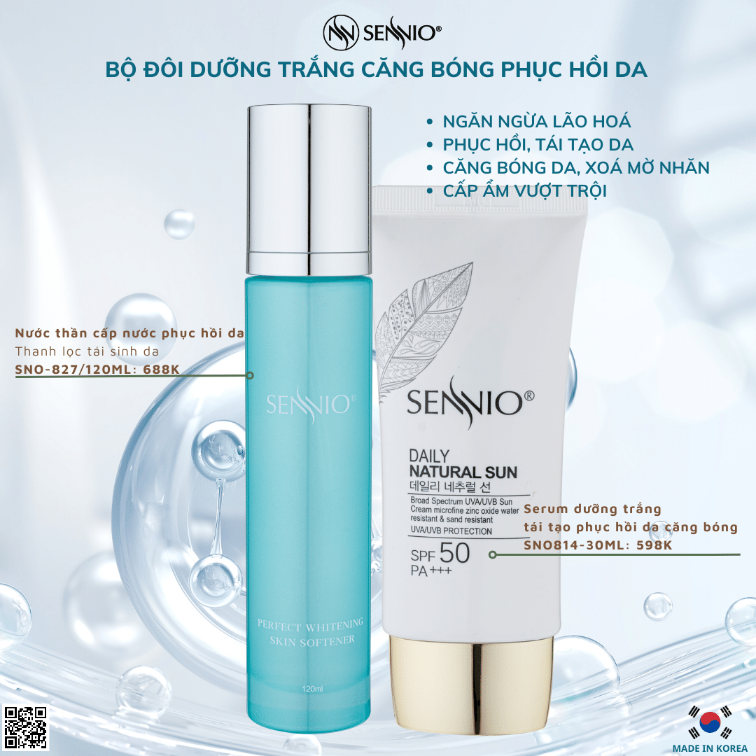 Bộ đôi bảo vệ da phục hồi tái tạo da chống nắng dưỡng trắng da phù hợp cho da dầu mụn Sennio SNO 670-24