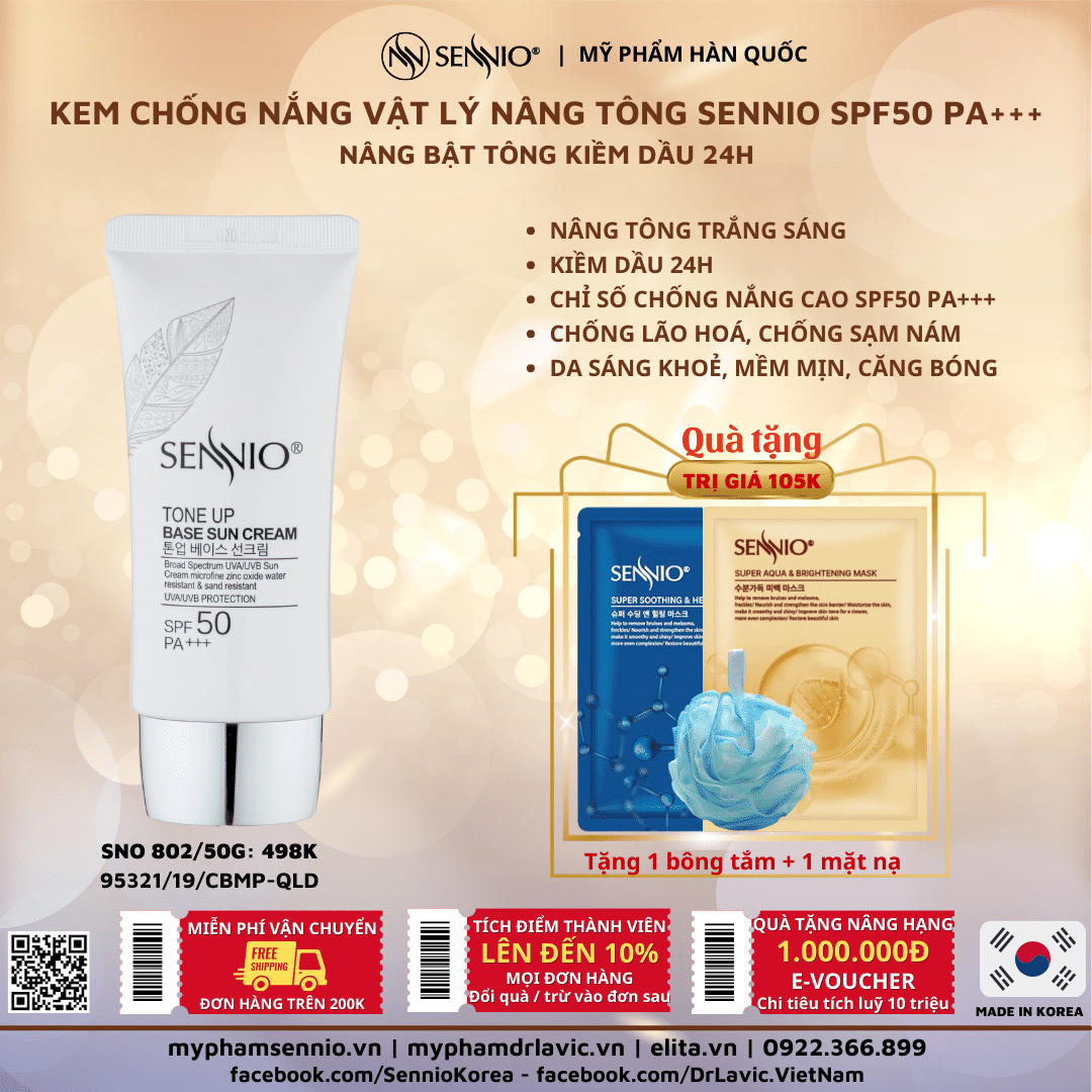 Kem chống nắng kiềm dầu Sennio Tone Up Base Sun Cream SPF50 PA+++ dưỡng trắng cho da dầu mụn  50ml SNO 802