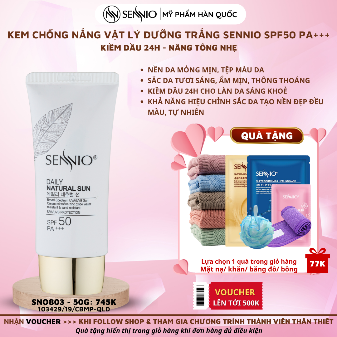 Kem chống nắng trắng da Sennio Daily Natural Cream SPF 50 PA+++ kiềm dầu phù hợp cho da dầu mụn 50ml SNO 803