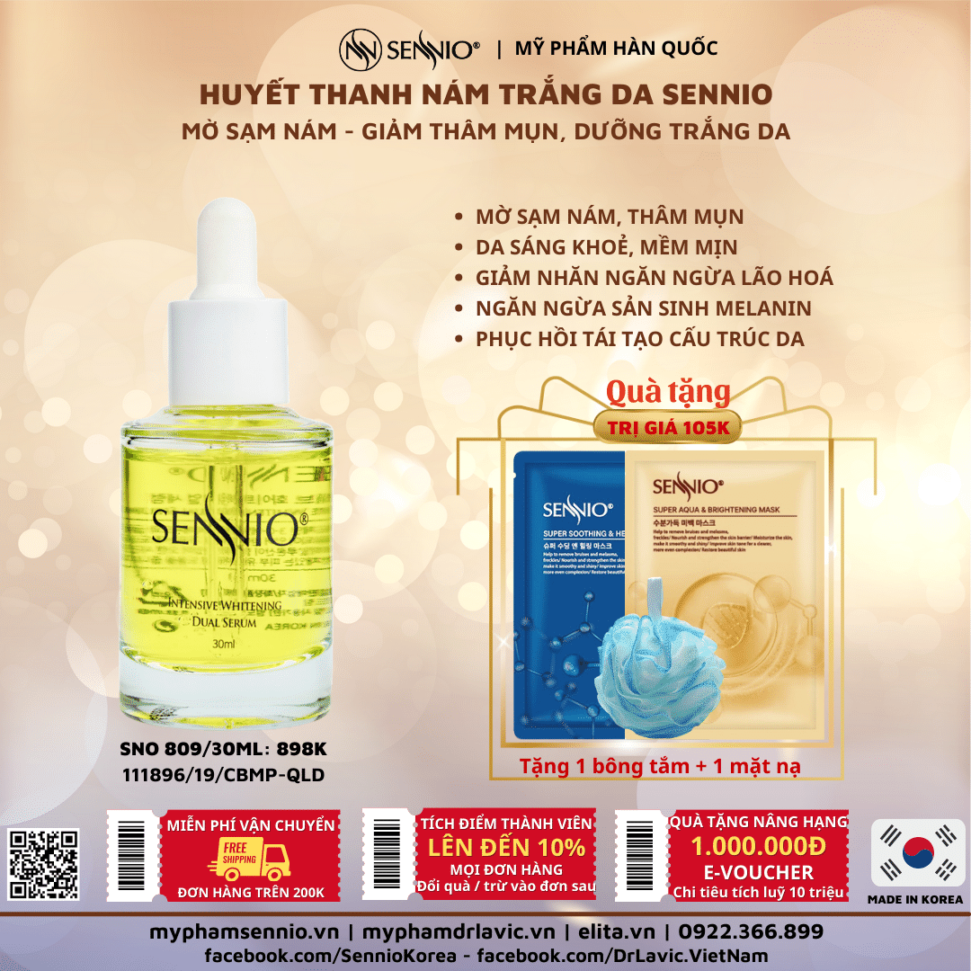 Serum dưỡng da nám Sennio Intensive Whitening Dual Serum dưỡng trắng da mặt chính hãng Hàn Quốc 30ml SNO 809