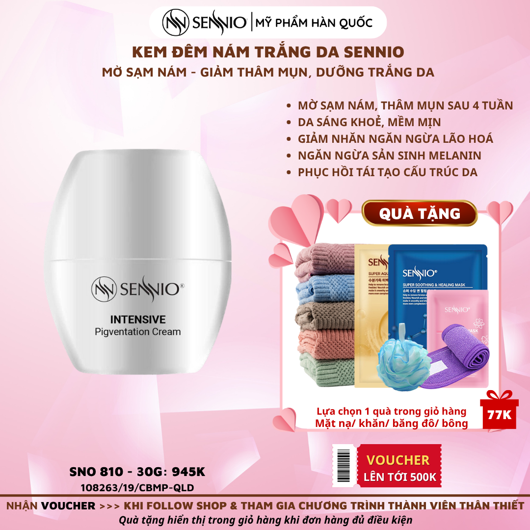 Kem đêm dưỡng trắng da mờ thâm mụn - sạm nám, chống lão hoá Sennio 30ml Intensive Pigmentation Cream SNO810
