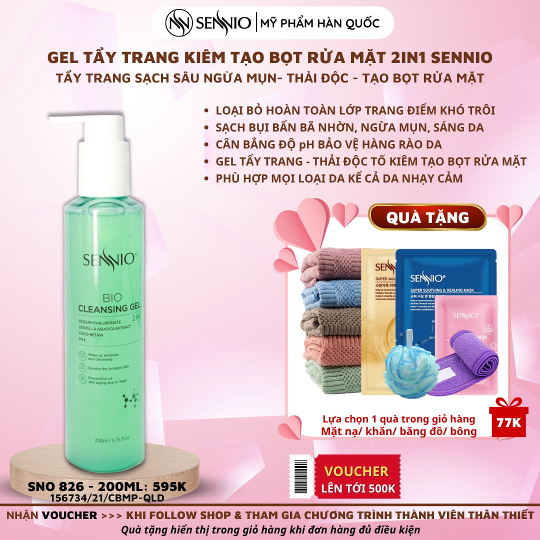 Gel tẩy trang kiêm tạo bọt rửa mặt 2in1 SENNIO Sạch sâu, sáng khoẻ da, ngừa mụn, cân bằng pH bảo vệ hàng rào da, giảm tiết dầu nhờn Dành cho da khô, nhạy cảm, da dầu SNO826