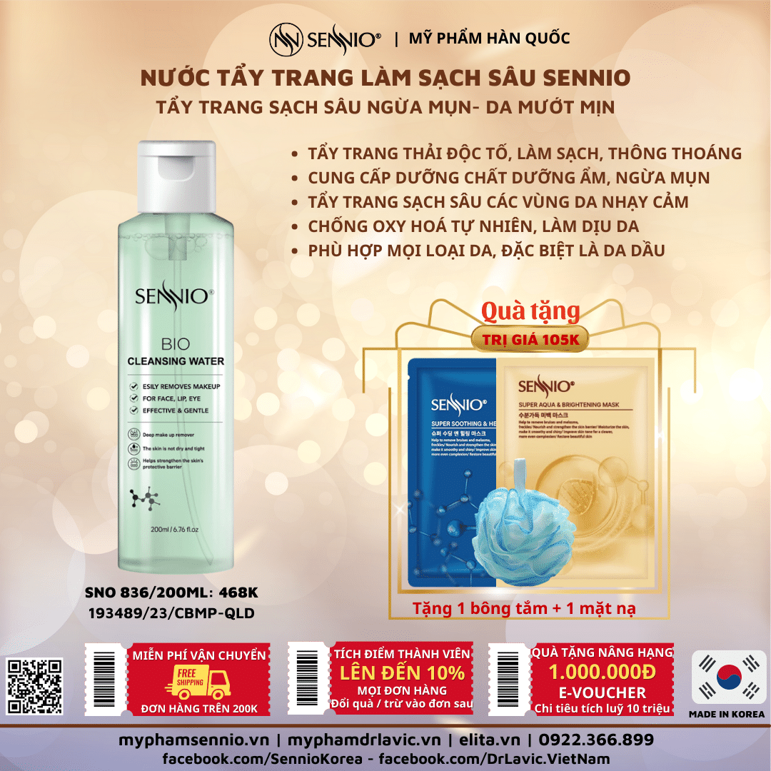 Nước tẩy trang làm sạch sâu Sennio Bio Cleansing Water 200ml SNO 836