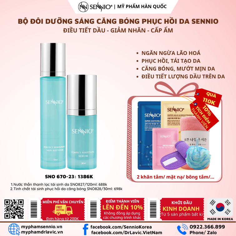 Bộ đôi sản phẩm dưỡng trắng căng bóng phục hồi tái tạo da dưỡng ẩm Sennio  SNO 670-23