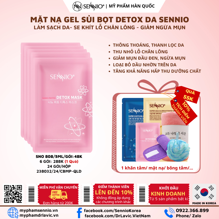 Mặt nạ sủi bọt thải độc Sennio Nano Phyto Detox Face 5ml dưỡng ẩm trắng da hộp 24 miếng SNO 846