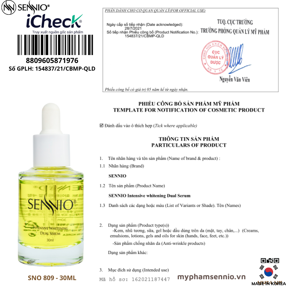 Serum dưỡng da nám Sennio Intensive Whitening Dual Serum dưỡng trắng da mặt chính hãng Hàn Quốc 30ml SNO 809